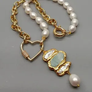 Natural White Rice Pearl & Amazonite Pendant Necklace