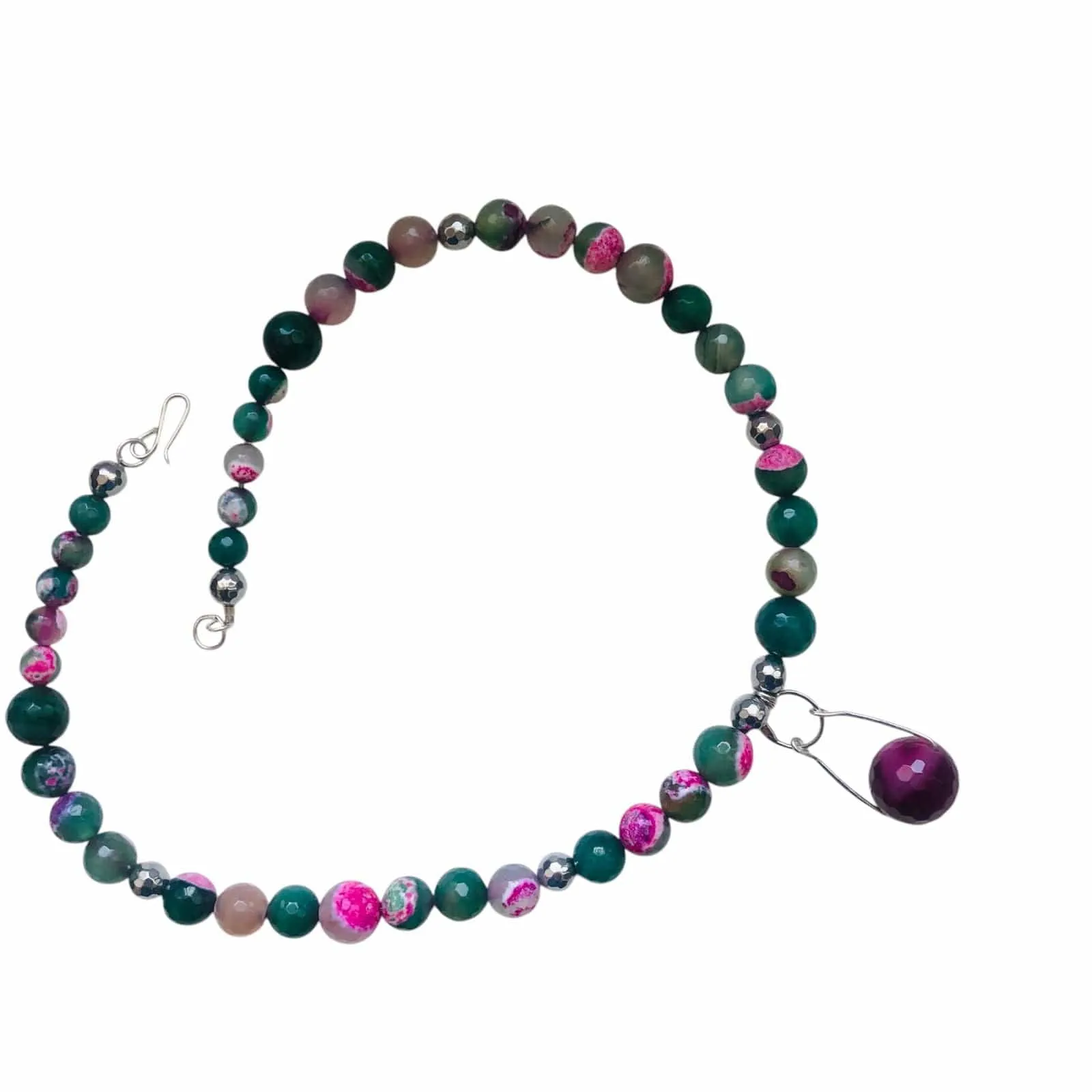 Pink and Green Agate & 925 Silver Beaded Necklace