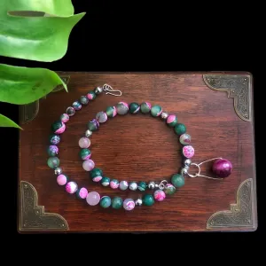 Pink and Green Agate & 925 Silver Beaded Necklace