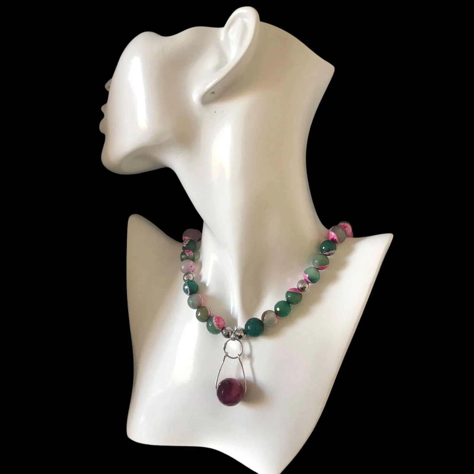 Pink and Green Agate & 925 Silver Beaded Necklace