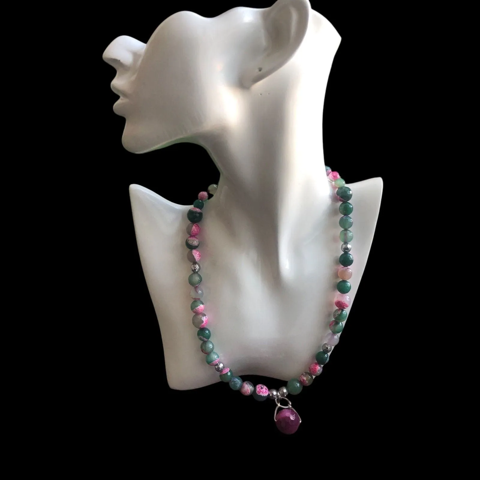 Pink and Green Agate & 925 Silver Beaded Necklace