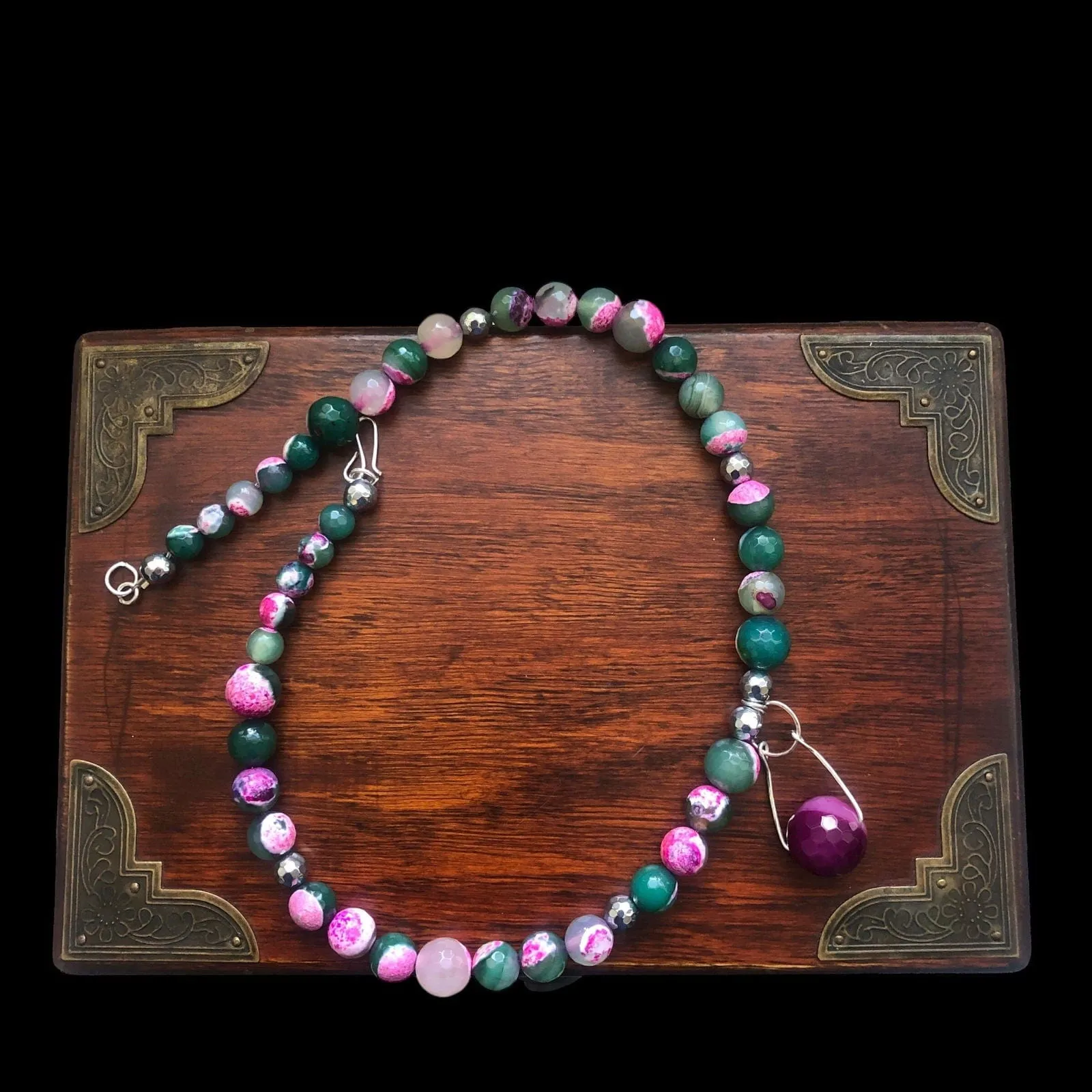 Pink and Green Agate & 925 Silver Beaded Necklace