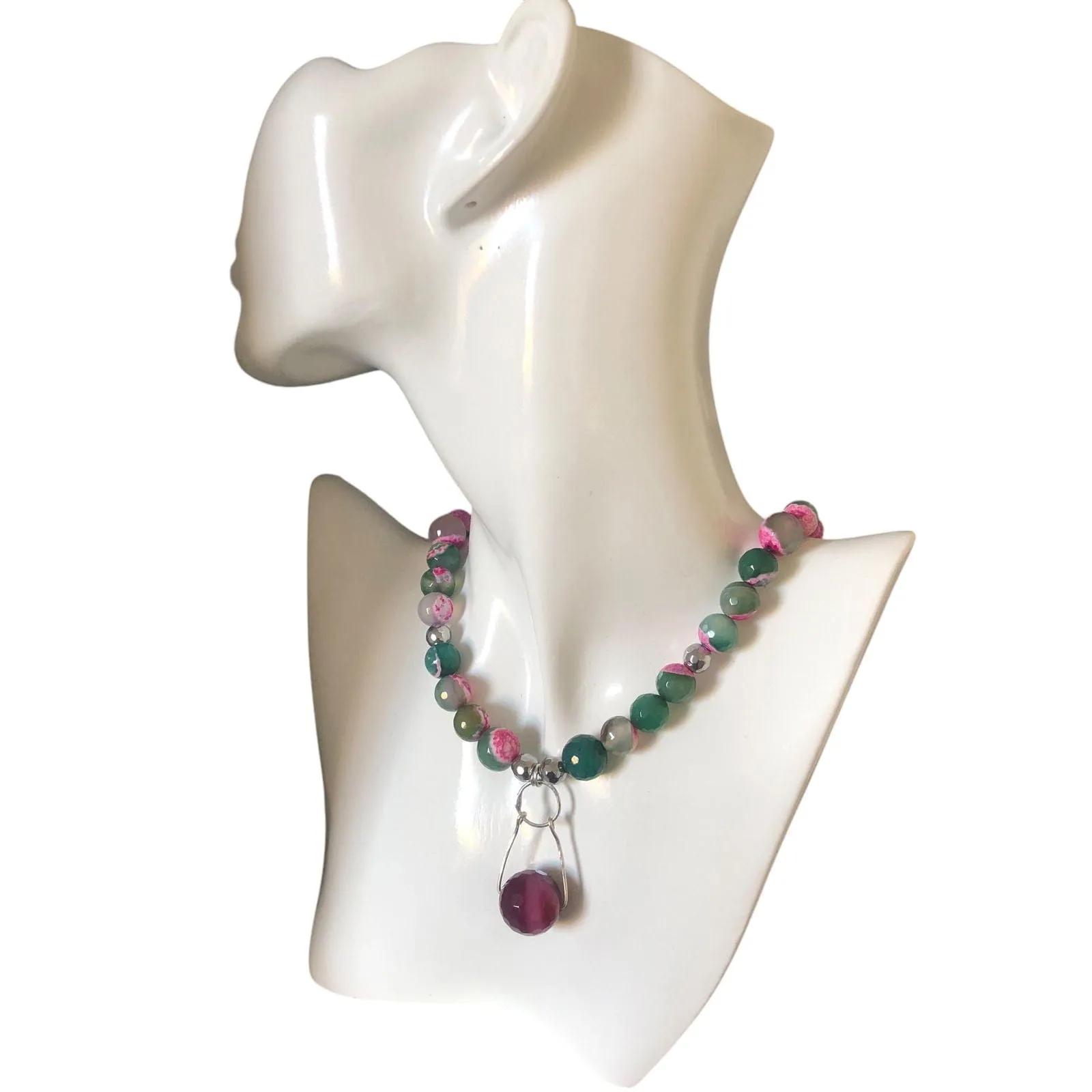 Pink and Green Agate & 925 Silver Beaded Necklace