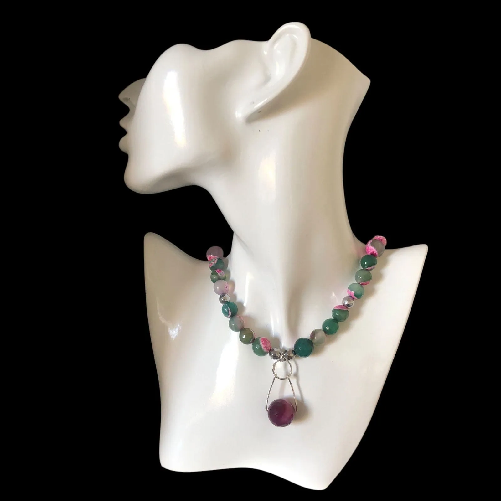 Pink and Green Agate & 925 Silver Beaded Necklace