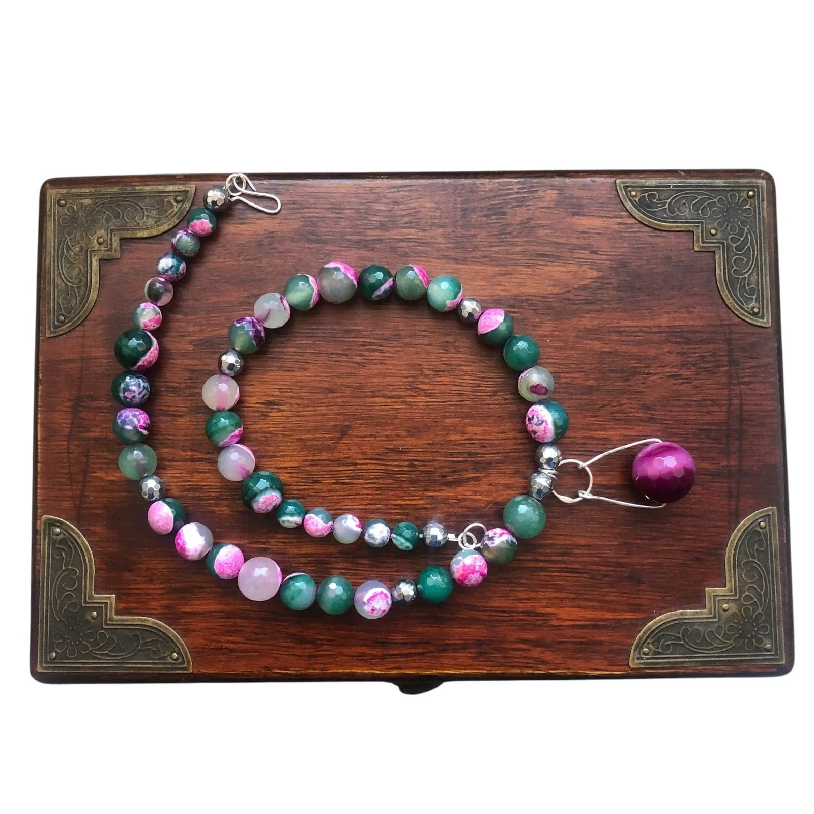 Pink and Green Agate & 925 Silver Beaded Necklace