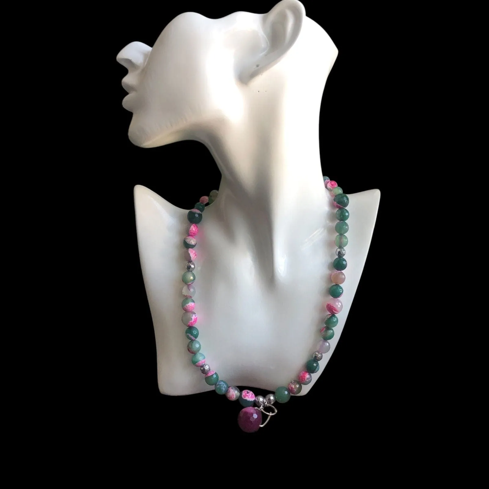 Pink and Green Agate & 925 Silver Beaded Necklace