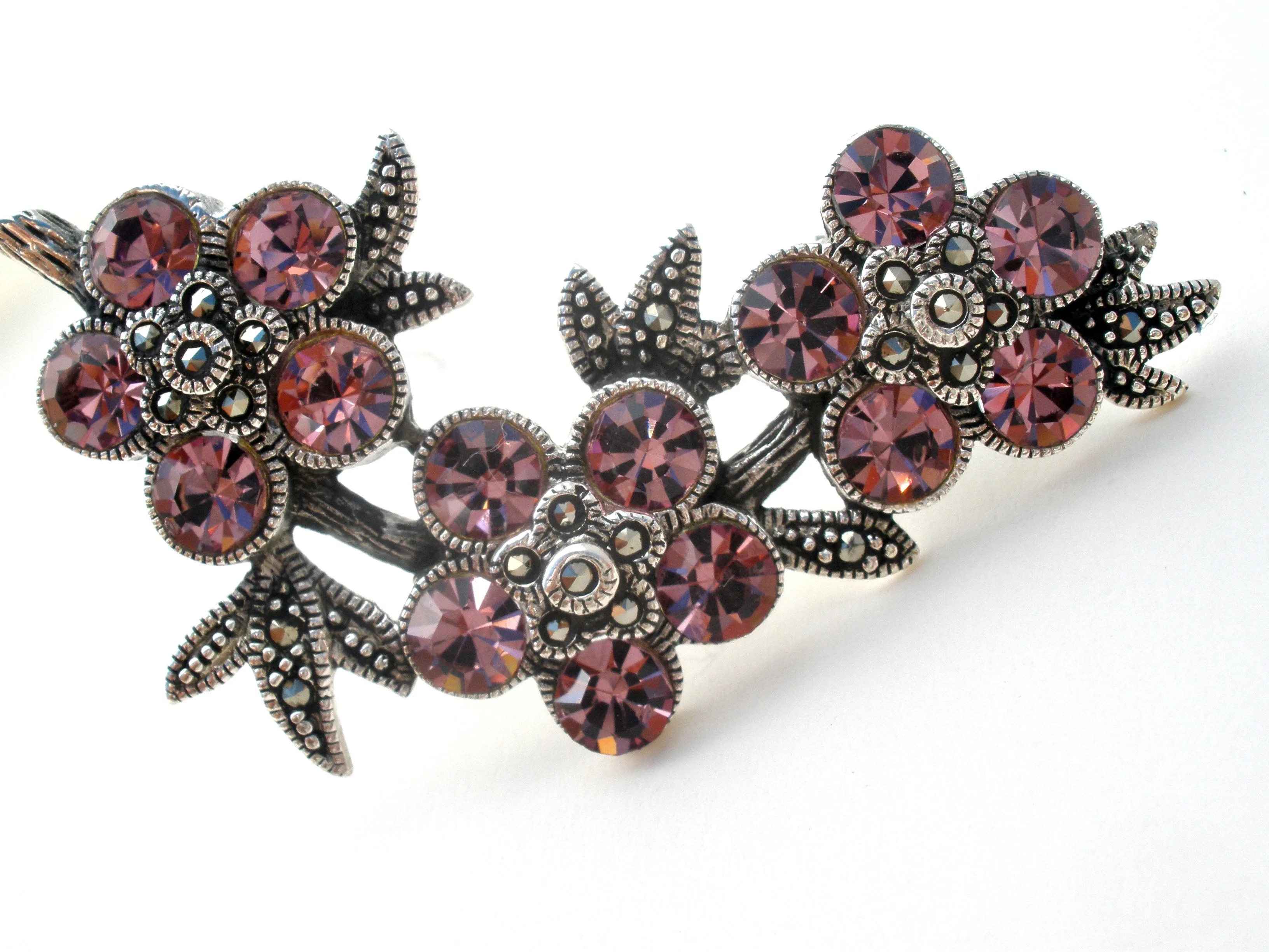 Pink Crystal Flower Brooch Sterling Silver