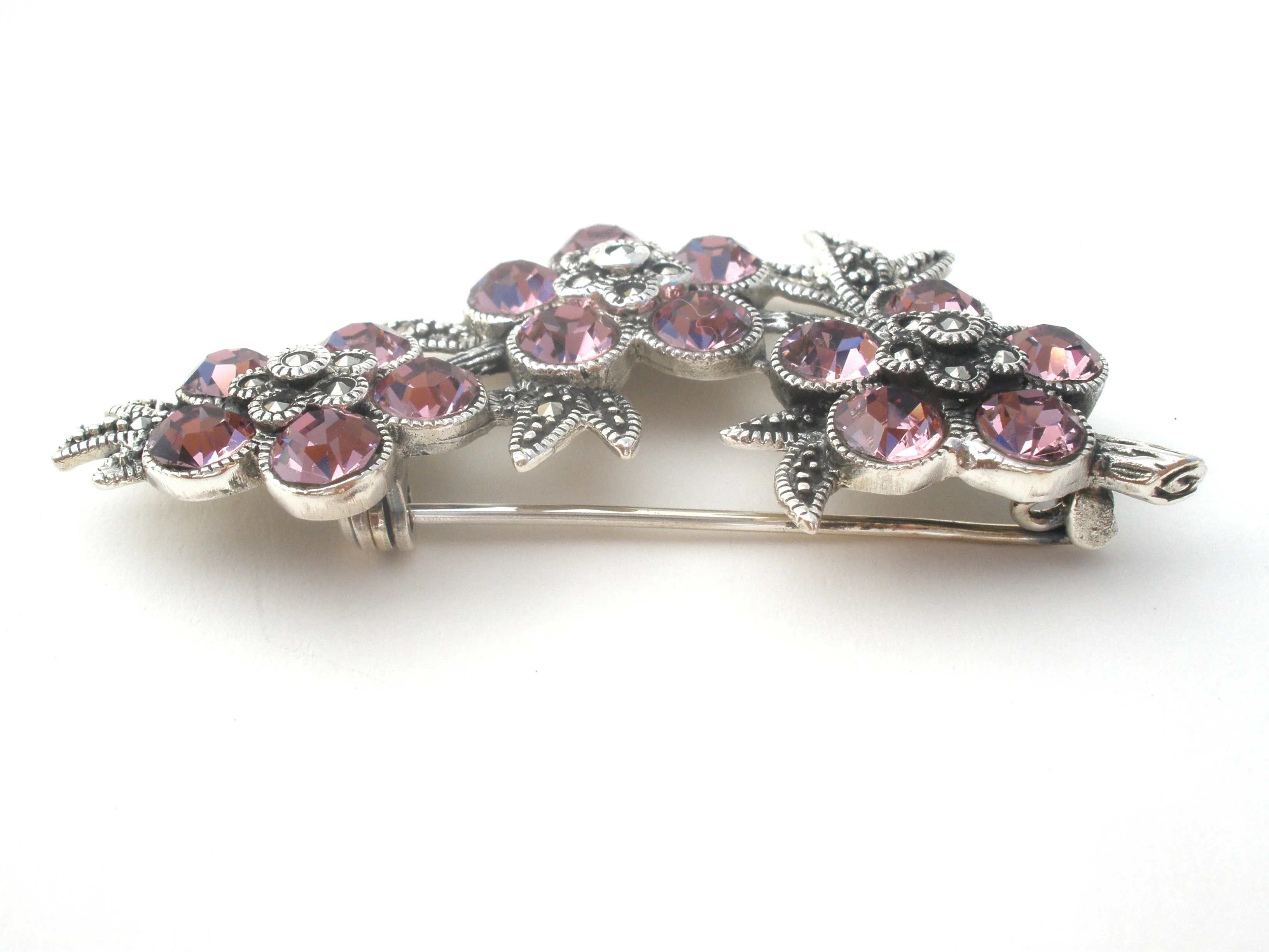 Pink Crystal Flower Brooch Sterling Silver