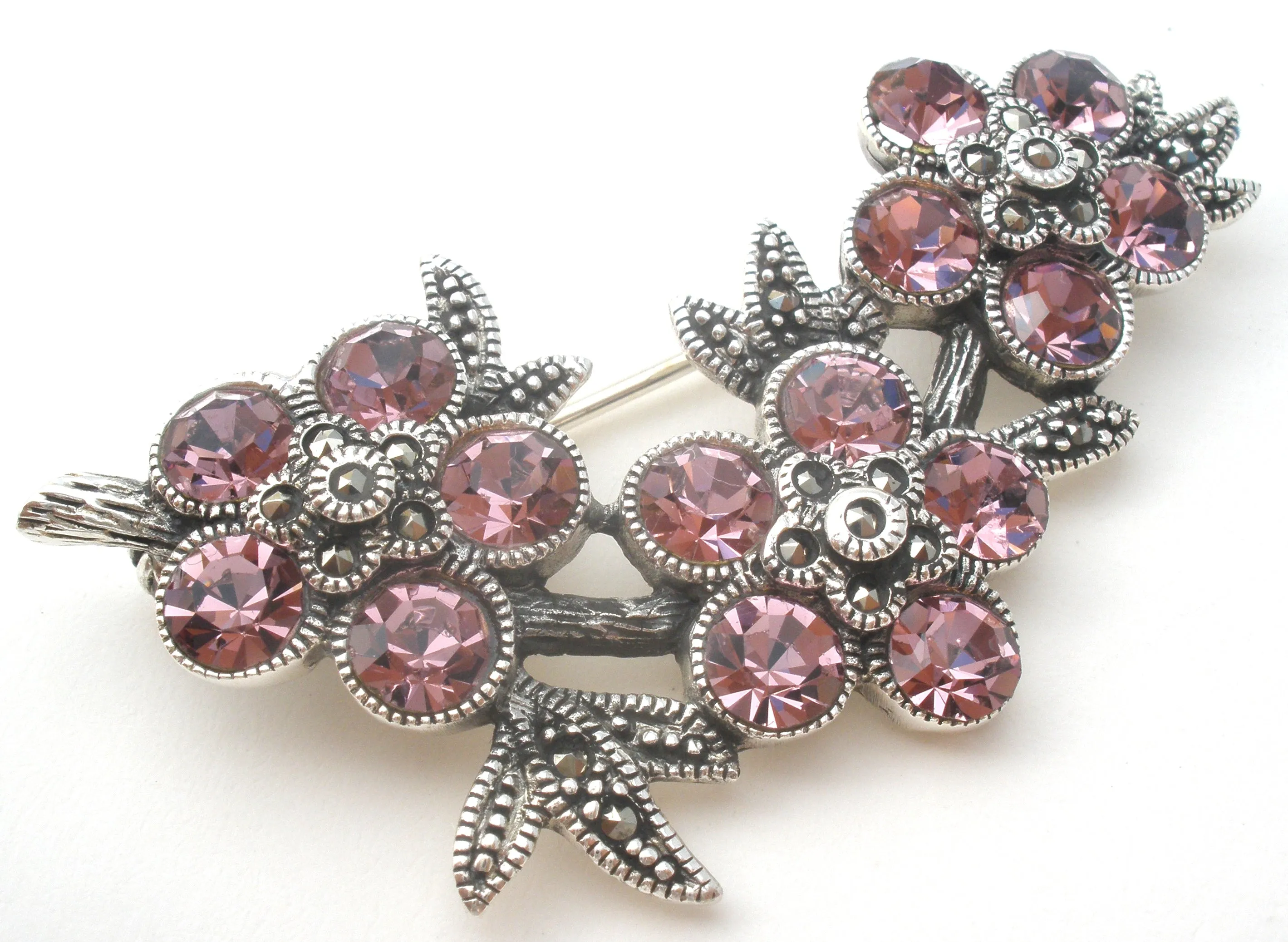 Pink Crystal Flower Brooch Sterling Silver