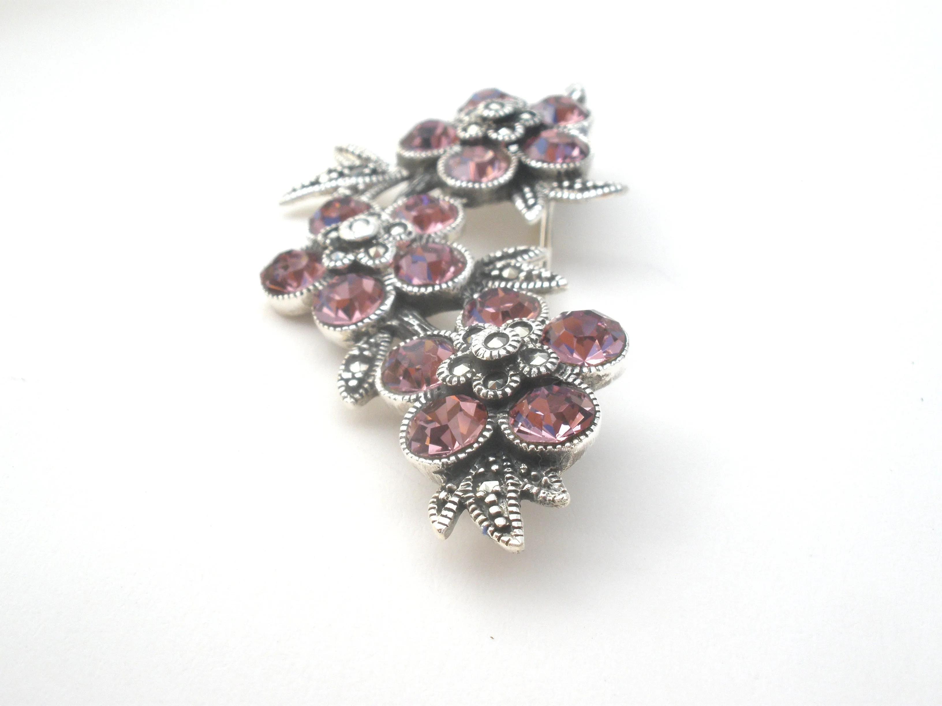 Pink Crystal Flower Brooch Sterling Silver