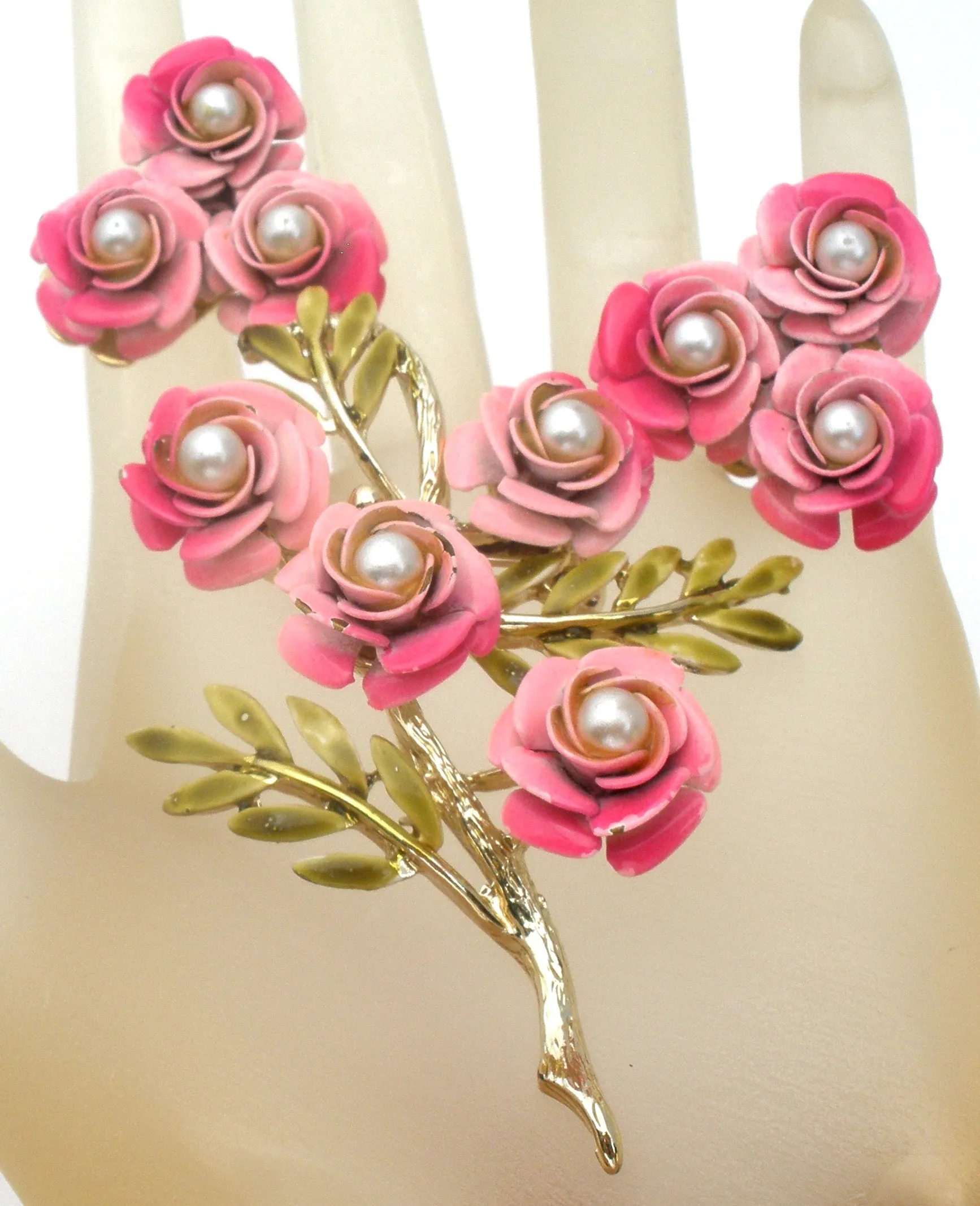 Pink Enamel Pearl Flower Brooch Set