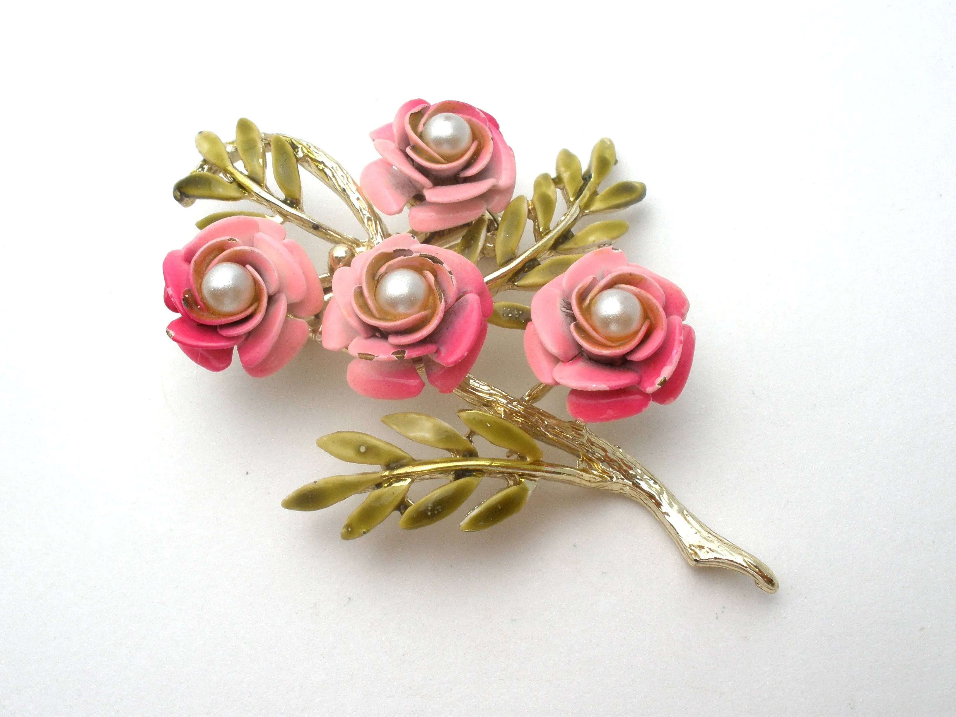 Pink Enamel Pearl Flower Brooch Set