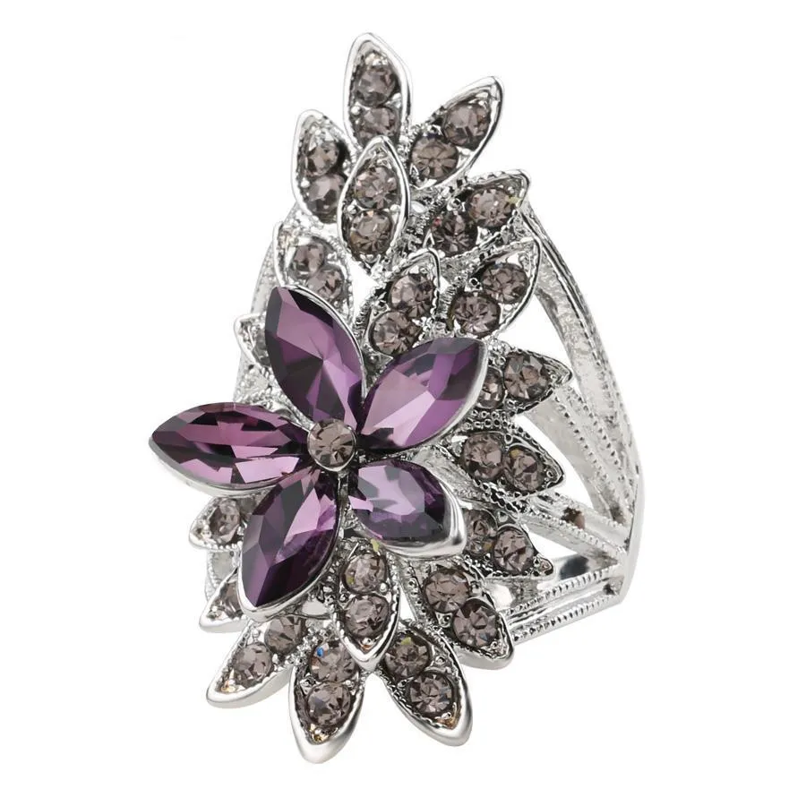 Purple Tinted Crystal Floral Ring