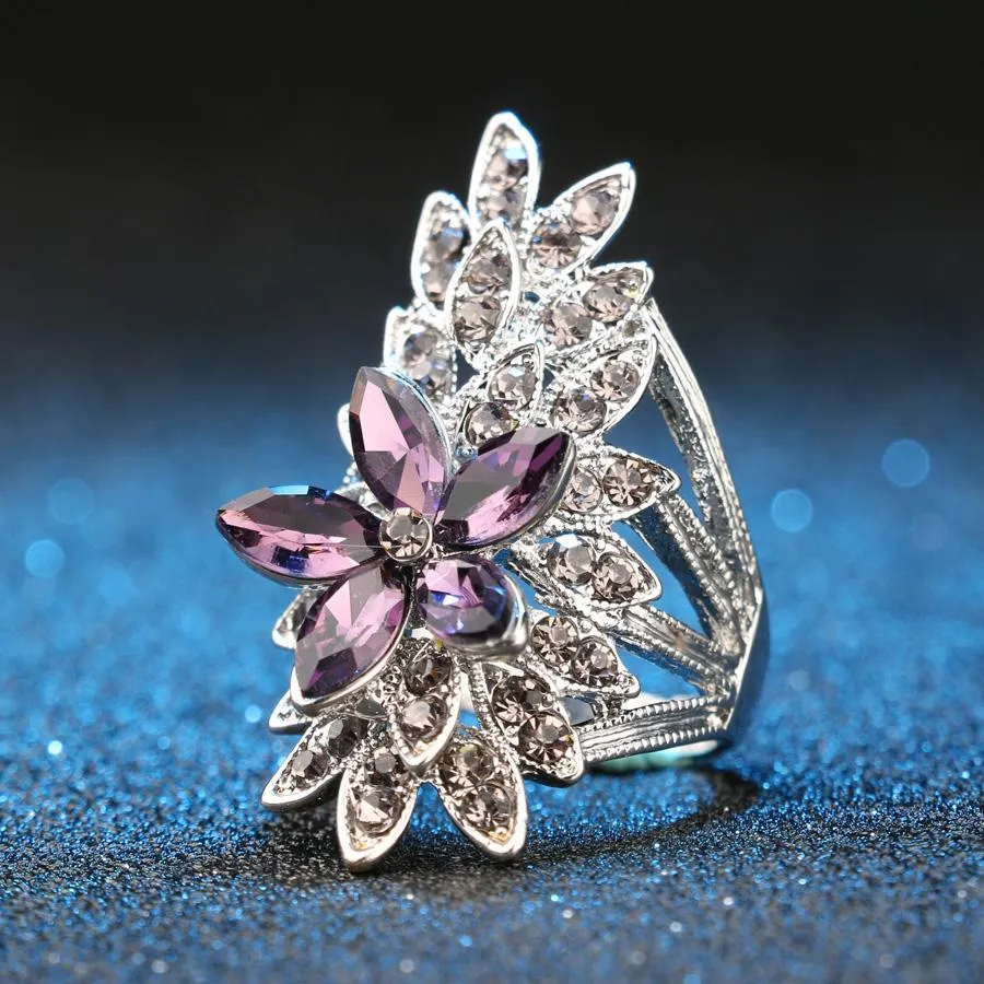 Purple Tinted Crystal Floral Ring