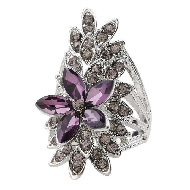 Purple Tinted Crystal Floral Ring