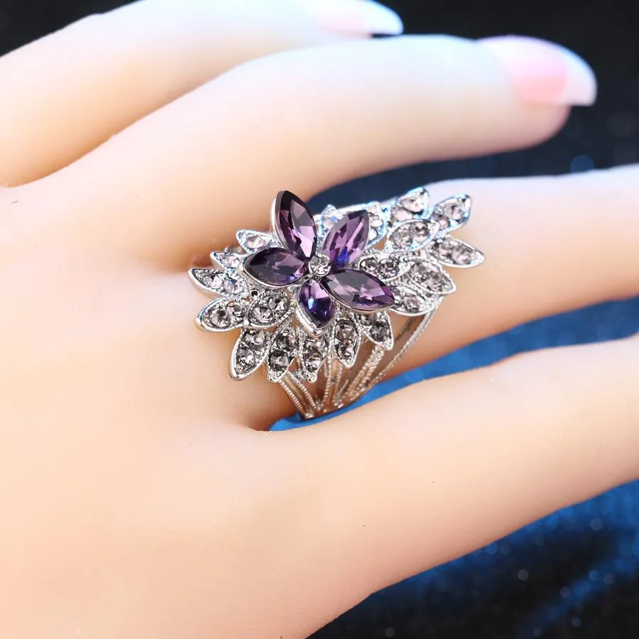 Purple Tinted Crystal Floral Ring