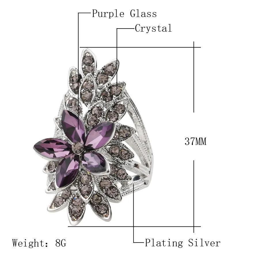 Purple Tinted Crystal Floral Ring