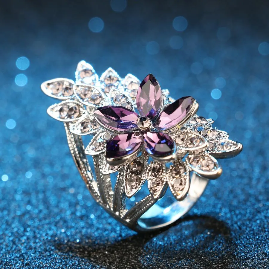 Purple Tinted Crystal Floral Ring