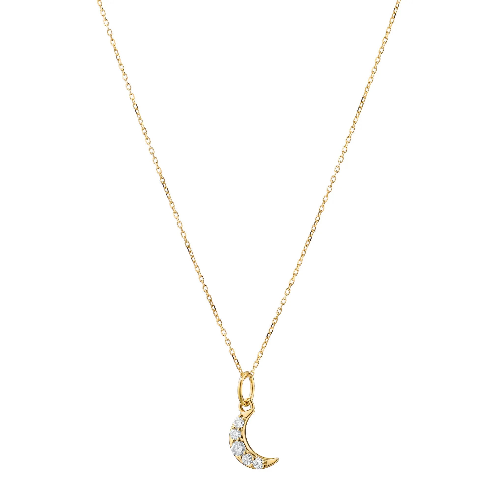 Reclaimed 18K Yellow Gold and Round Diamond Moon Necklace