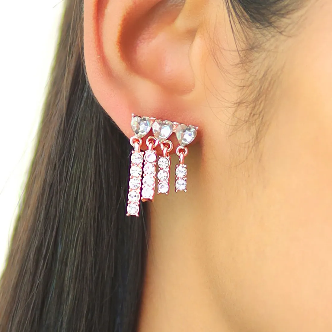 Rhinestone Diamante Studded Rose-Gold Toned Asymmetric Short Tassel Drop Earrings