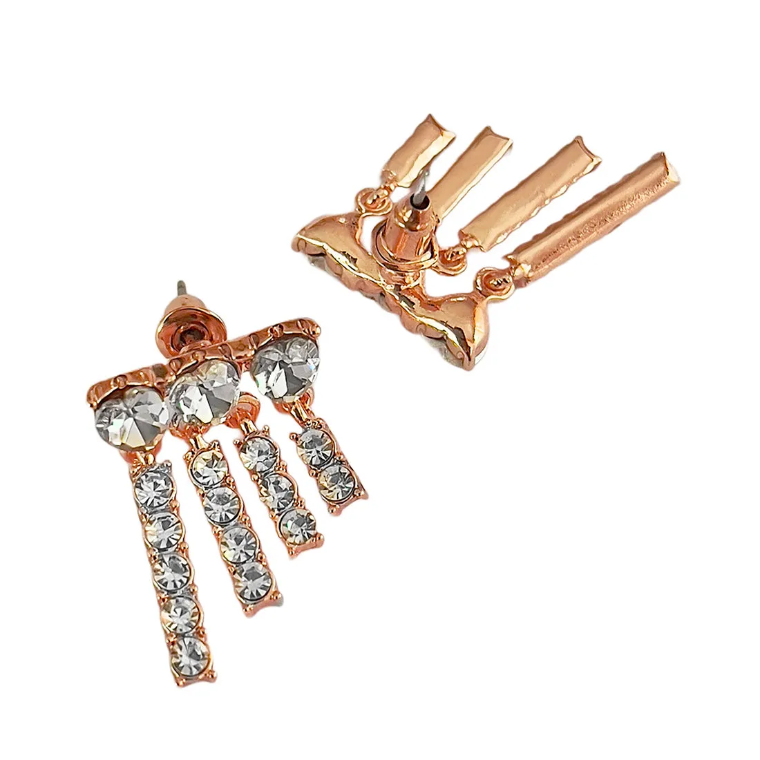 Rhinestone Diamante Studded Rose-Gold Toned Asymmetric Short Tassel Drop Earrings