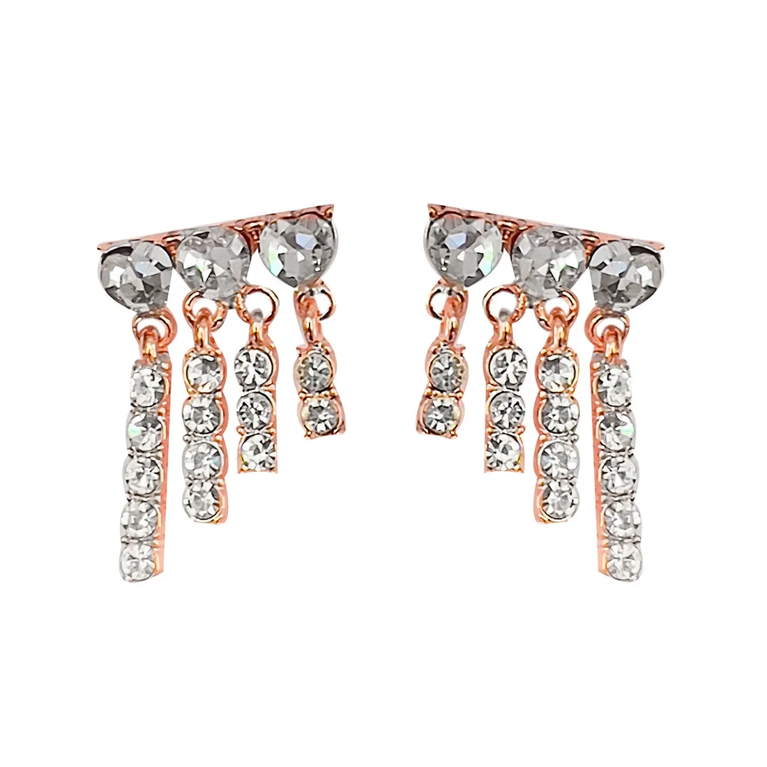 Rhinestone Diamante Studded Rose-Gold Toned Asymmetric Short Tassel Drop Earrings