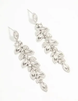 Rhodium Cubic Zirconia Cluster Leaf Drop Earrings