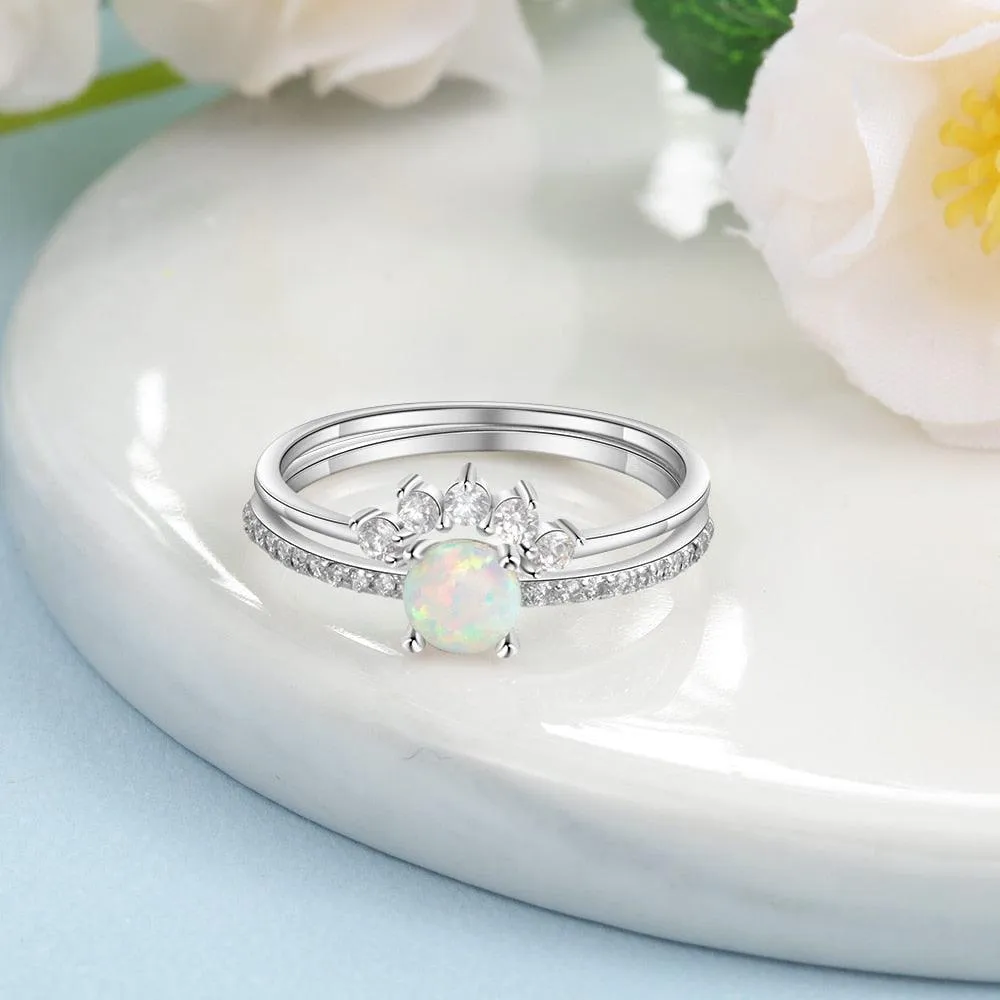 Round White Opal Crown Wedding Ring - Sterling Silver Ring - Trendy Engagement Ring Gift for Women - Fashion Ring Jewelry Gift for Women And Men