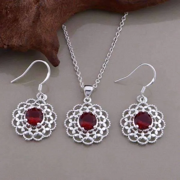 Ruby Red CZ Sterling Silver Filigree Medallion Matching Necklace and Earrings Set