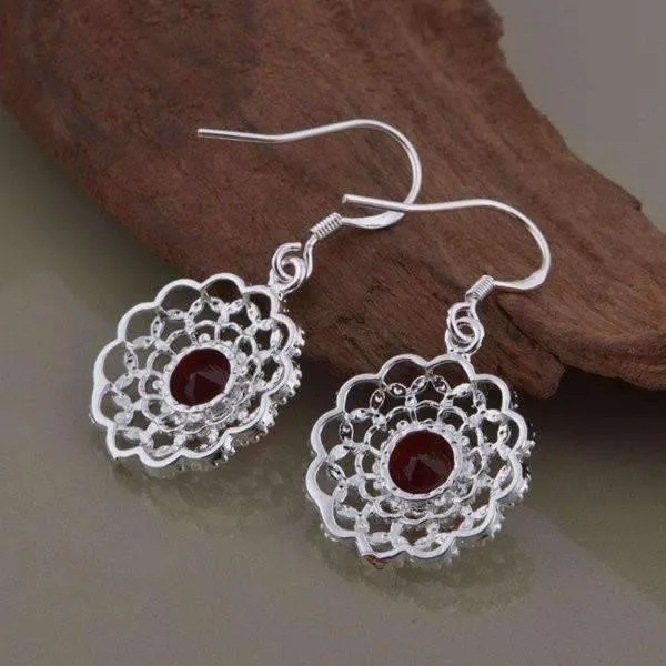 Ruby Red CZ Sterling Silver Filigree Medallion Matching Necklace and Earrings Set