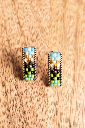 SALE! Turquoise Multi Sead Bead Silvertone Bar Earrings