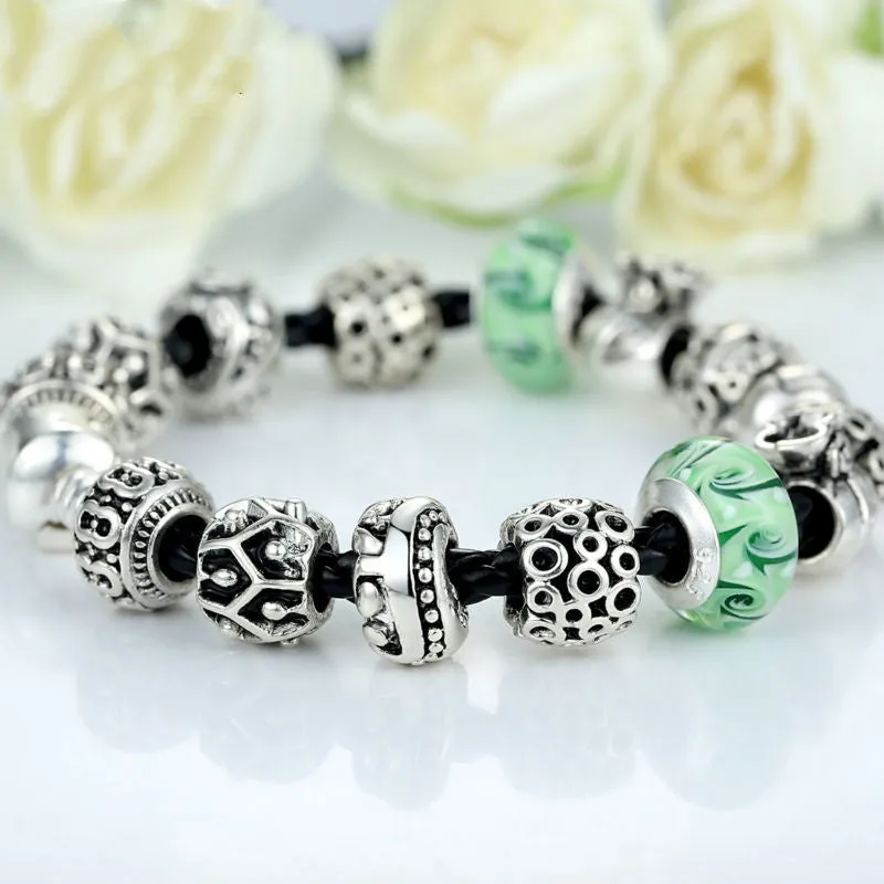 Silver Charm Bracelet & Bangle for Women With High Quality Green Murano Glass Beads DIY Birthday Gift