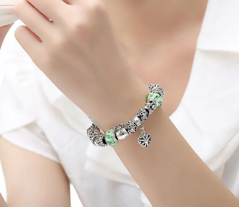 Silver Charm Bracelet & Bangle for Women With High Quality Green Murano Glass Beads DIY Birthday Gift