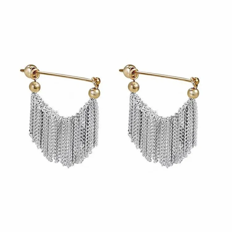 Silver Fringe Chain Earrings with Gold Accent jlt11658