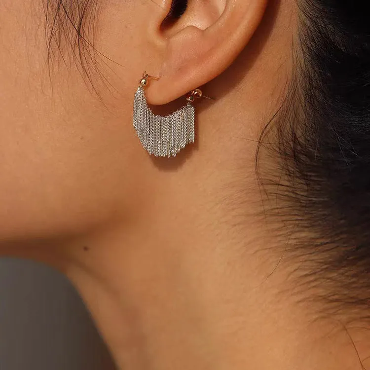 Silver Fringe Chain Earrings with Gold Accent jlt11658