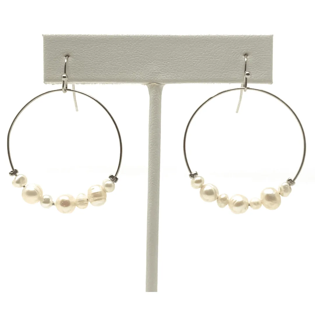 Silver Hoop Beaded Freshwater Pearl Earrings