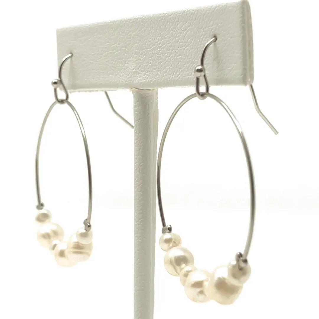 Silver Hoop Beaded Freshwater Pearl Earrings