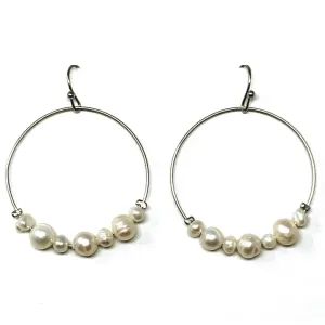 Silver Hoop Beaded Freshwater Pearl Earrings