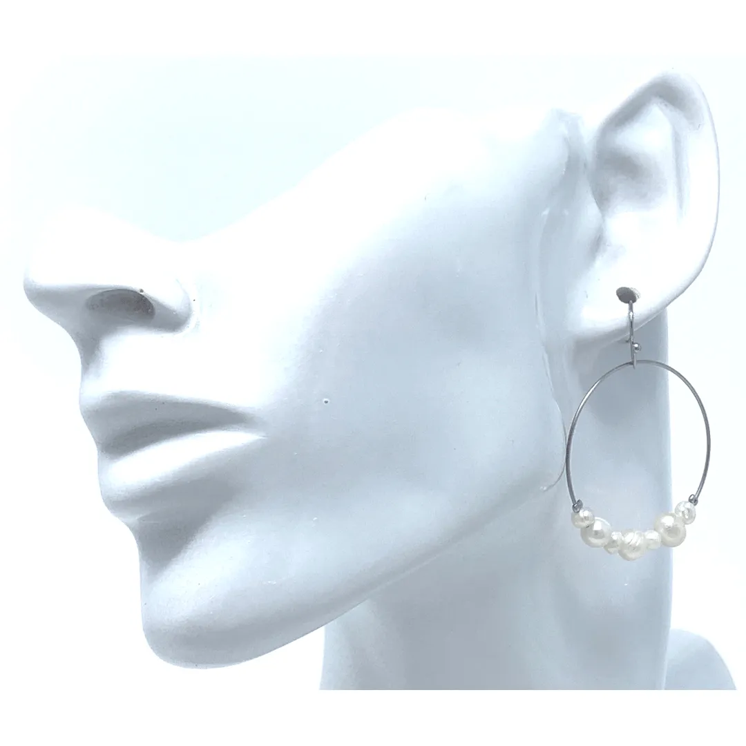 Silver Hoop Beaded Freshwater Pearl Earrings