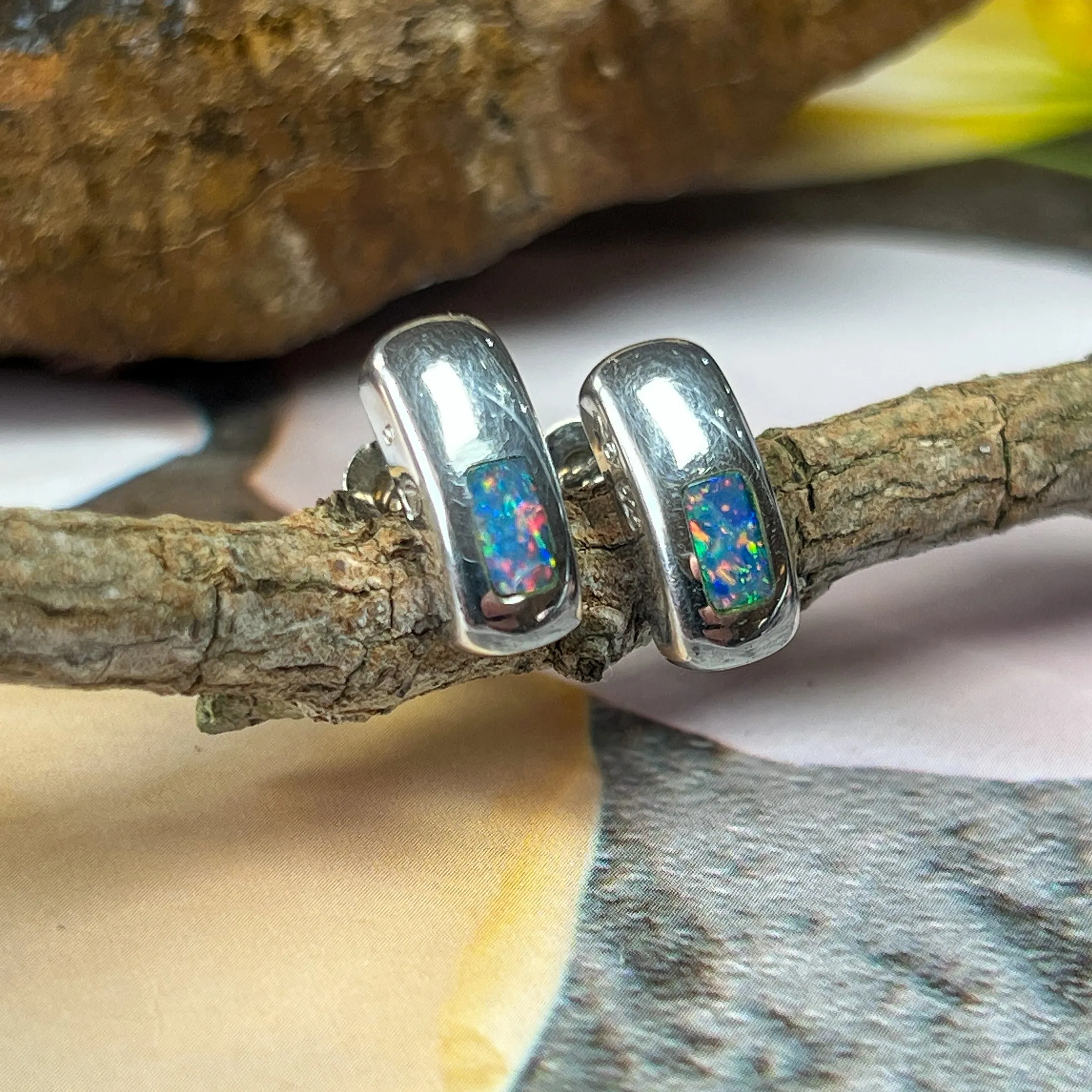 Silver Inlay Opal Earrings - Dainty & Cute Handmade Studs, Minimalist Opal Jewelry, Perfect Birthstone Gift for Her