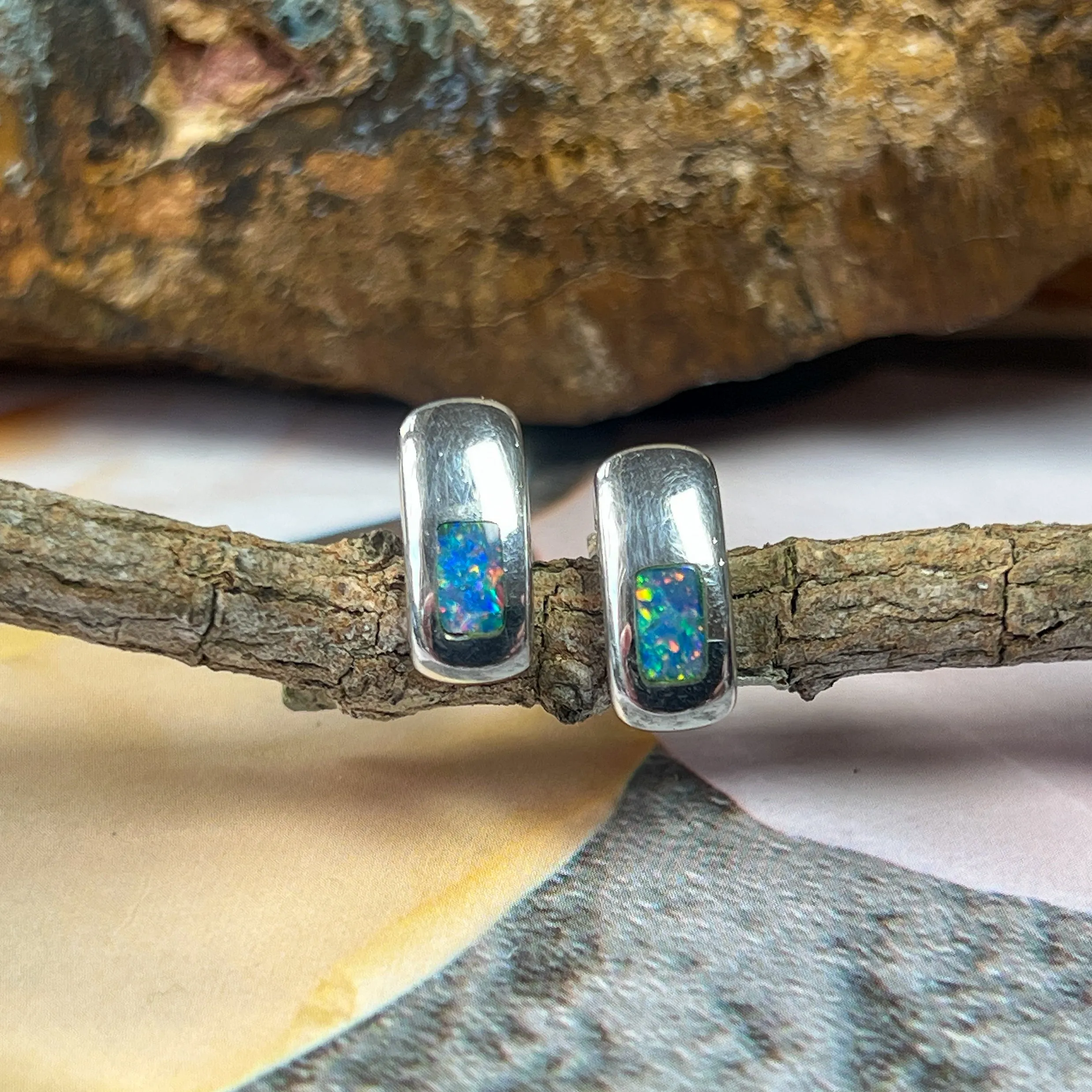 Silver Inlay Opal Earrings - Dainty & Cute Handmade Studs, Minimalist Opal Jewelry, Perfect Birthstone Gift for Her