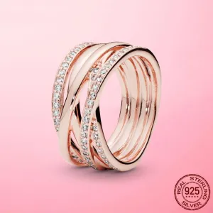 Silver Ring 925 Silver Sparkling & Polished Lines Rings for Women Rose Gold Color Pave Wedding Engagement Jewellery