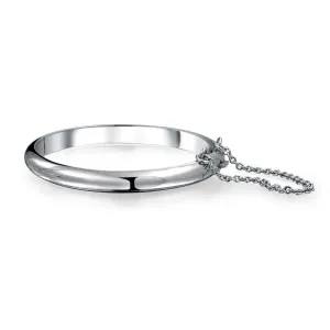 Small Wrist 5" Stackable Dome Bangle Bracelet with Safety Chain, Sterling Silver