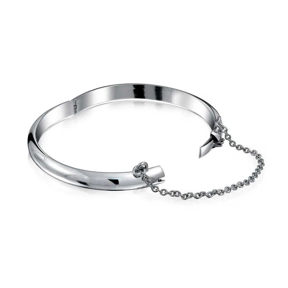 Small Wrist 5" Stackable Dome Bangle Bracelet with Safety Chain, Sterling Silver