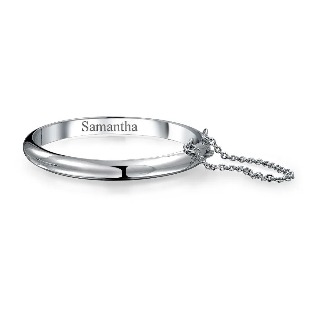 Small Wrist 5" Stackable Dome Bangle Bracelet with Safety Chain, Sterling Silver