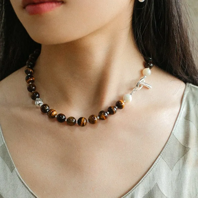 Smooth Tiger's Eye and Silver Shell Beaded OT Necklace