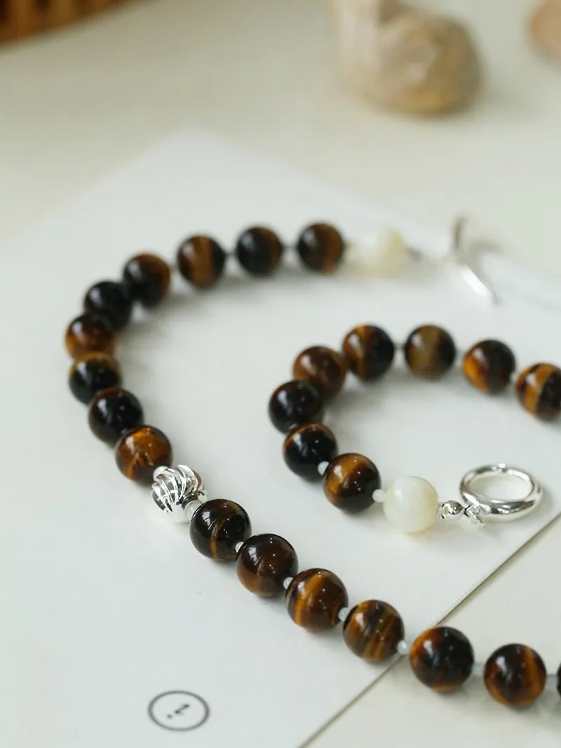 Smooth Tiger's Eye and Silver Shell Beaded OT Necklace