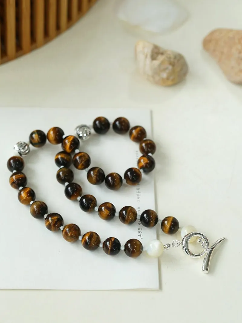 Smooth Tiger's Eye and Silver Shell Beaded OT Necklace