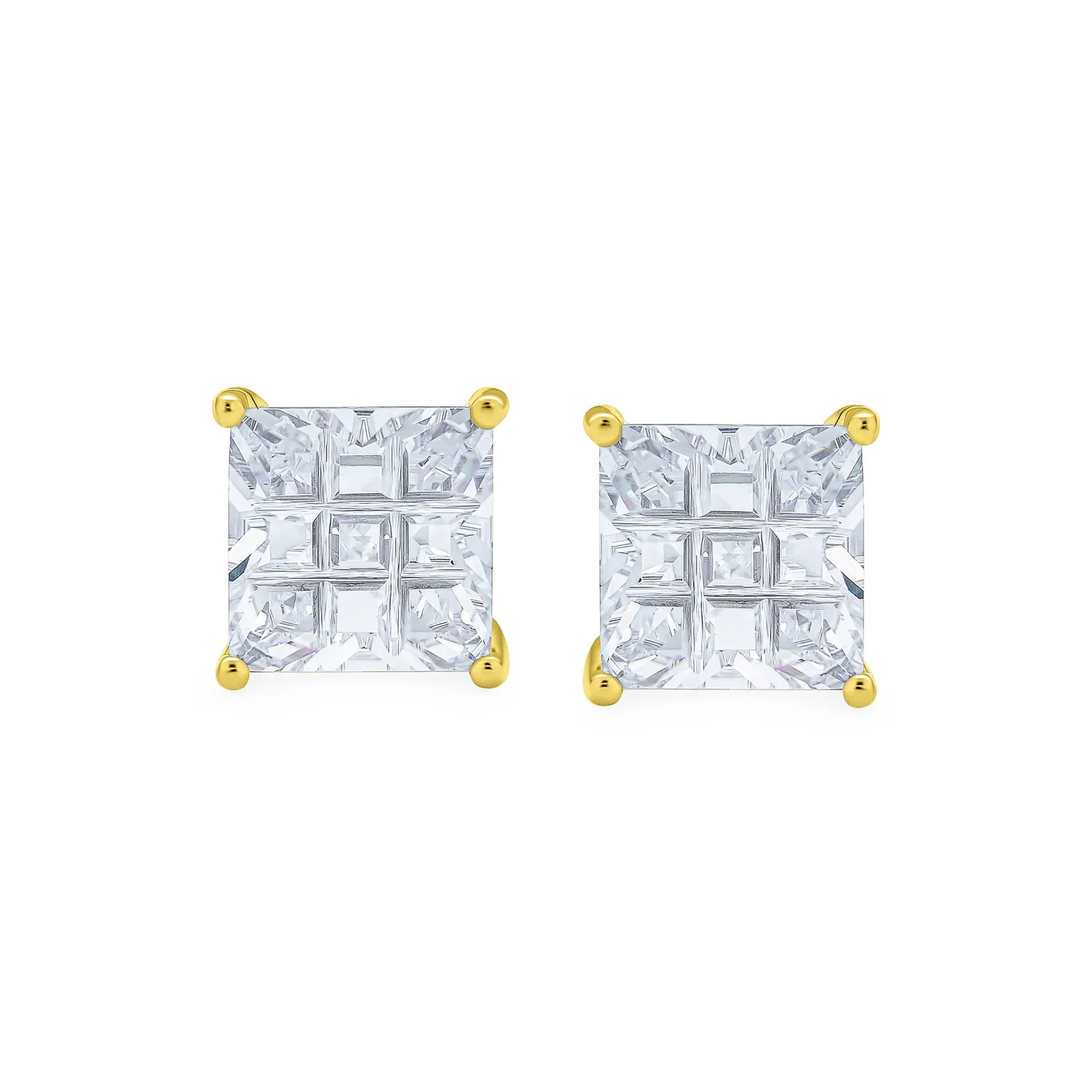 Square CZ Stud Earrings for Men, 14K Gold & Sterling Silver, 5-8 MM Sizes