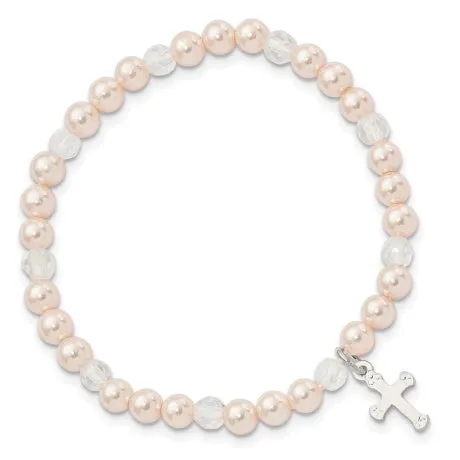 Sterling Silver 6 inch Cross Pink Shell Bead & Crystal Stretch Bracelet